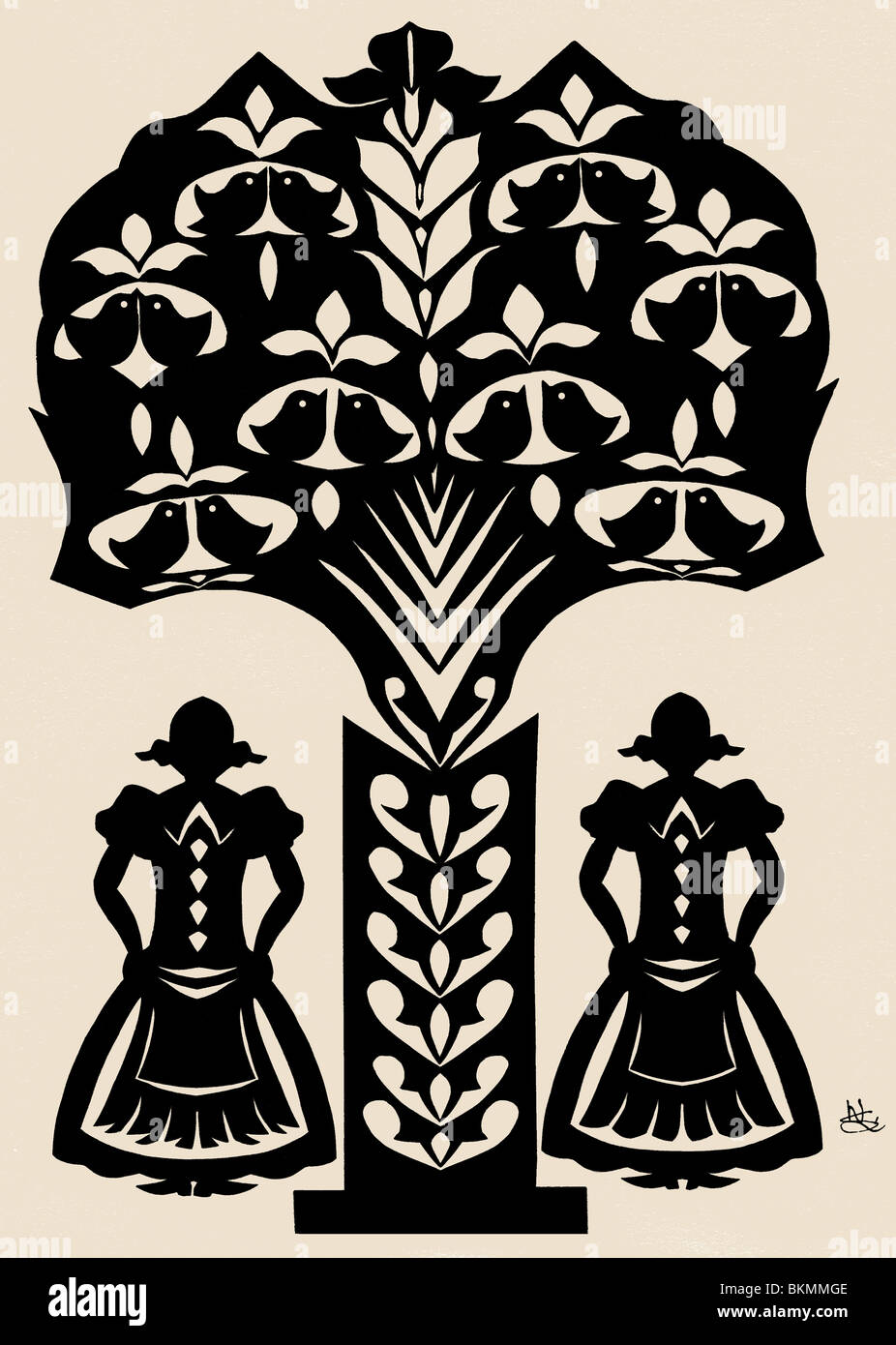 Contemporary paper cutting: tree of live with birds and flowers and human figures by Miss Wanda Skowron from Warszawa Poland Stock Photo