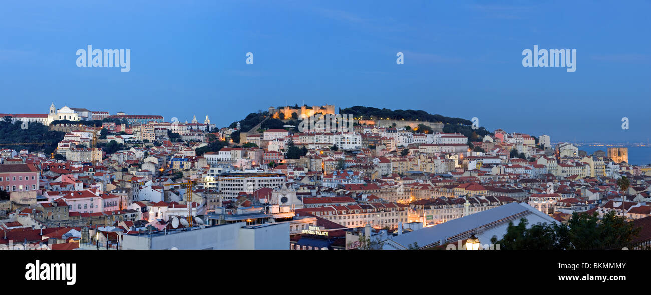 Portugal, Lisbon, panorama of old town and alfama district at dusk Stock Photo
