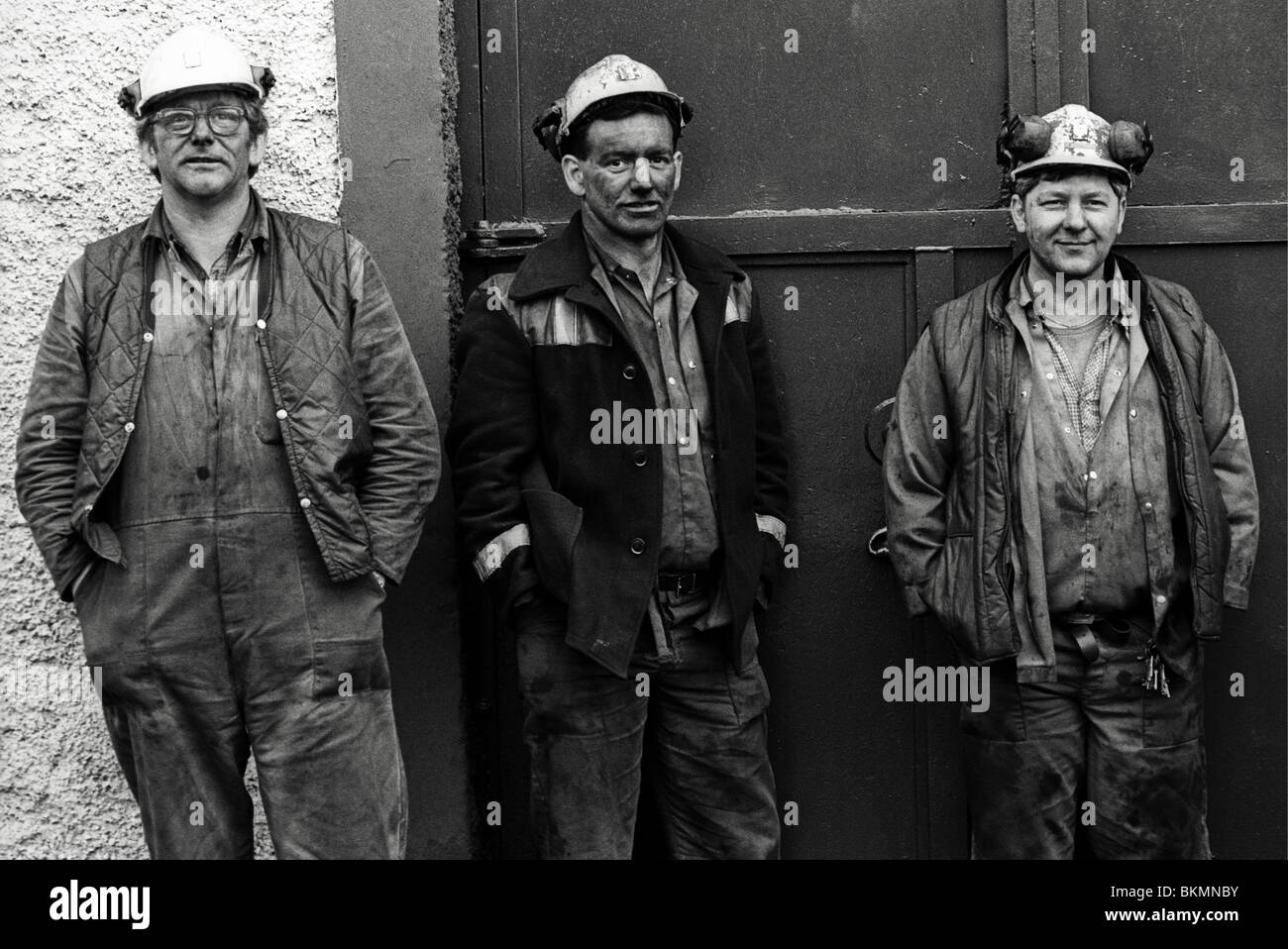 Coal miners on last day of work at Deep Navigation Colliery Treharris Mid Glamorgan South Wales Valleys UK Stock Photo