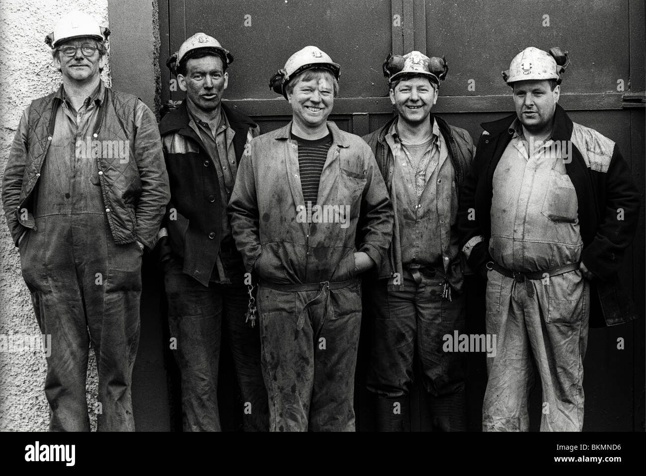Welsh coal miners on last day of work at Deep Navigation Colliery Treharris Mid Glamorgan South Wales Valleys UK Stock Photo