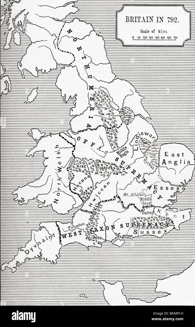 Map of Britain in 792. The three Kingdoms 685 to 828. Stock Photo