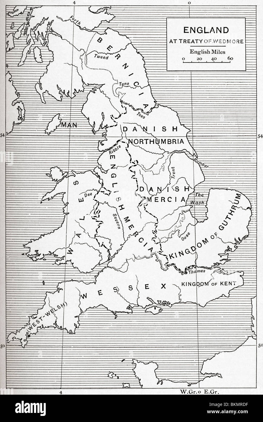 Map of England at the time of the Treaty of Wedmore in 878. Stock Photo