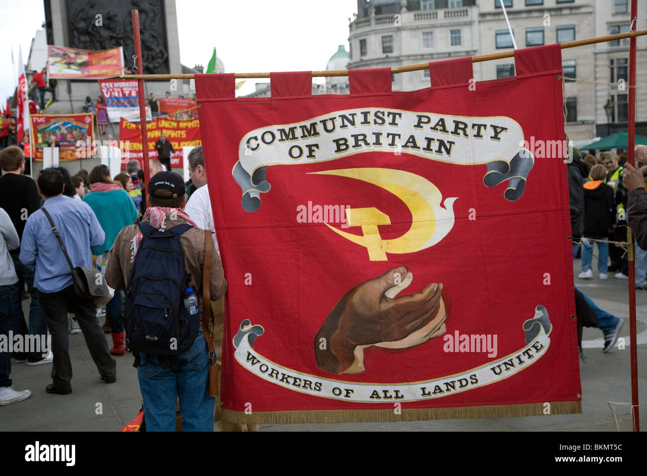 May Day march and rally at Trafalgar Square, May 1st, 2010 Communist Party of Great Britain banner Stock Photo