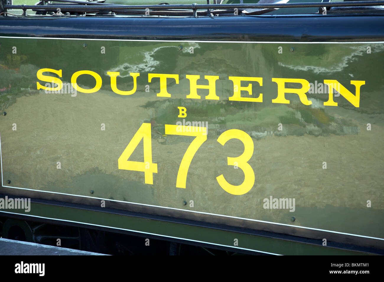 Southern 473 Railway Locomotive sign green and yellow Stock Photo