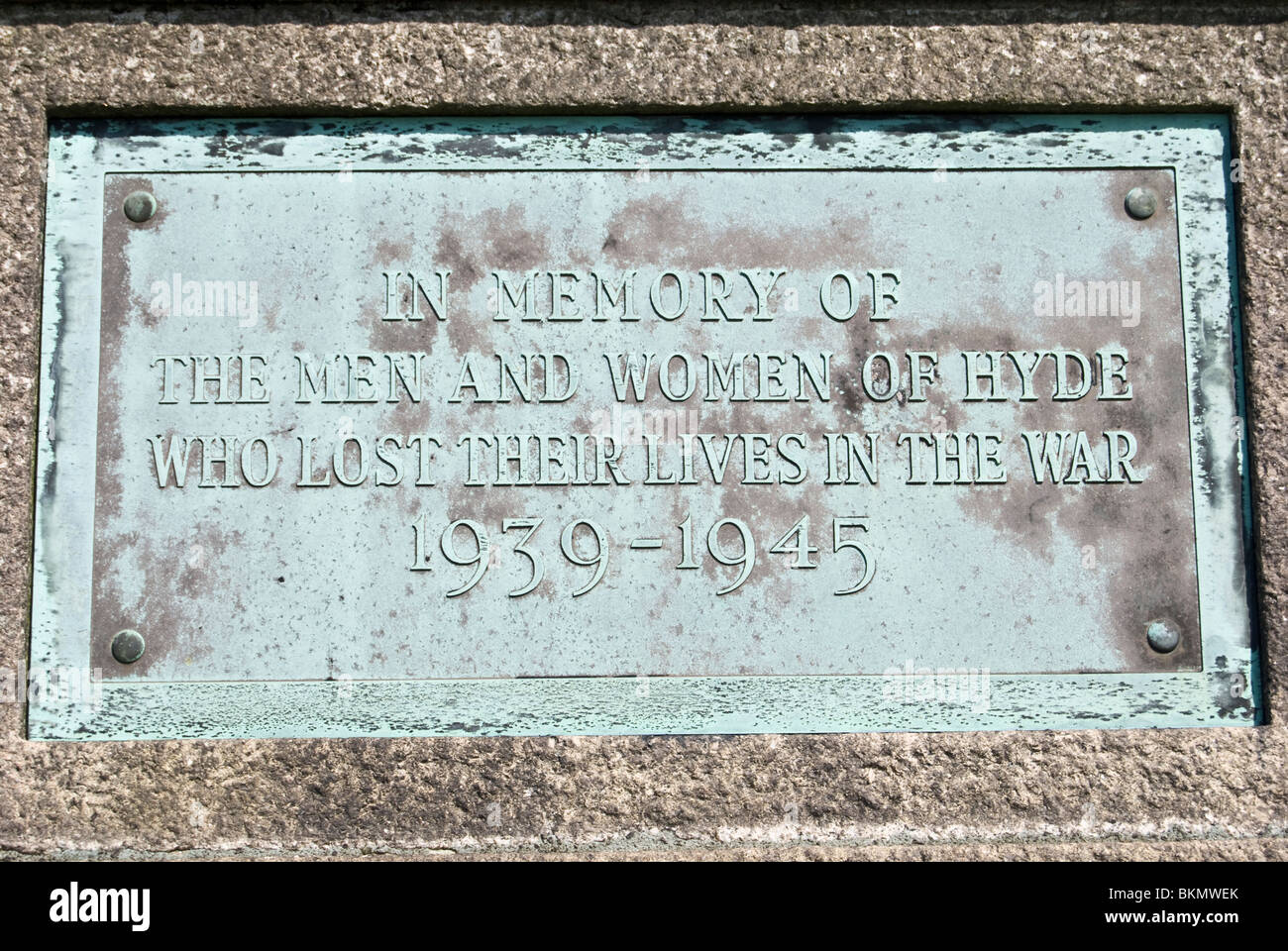 brass plaque war memorial of the men and women of hyde who lost there lives 1939-1945 werneth low Stock Photo