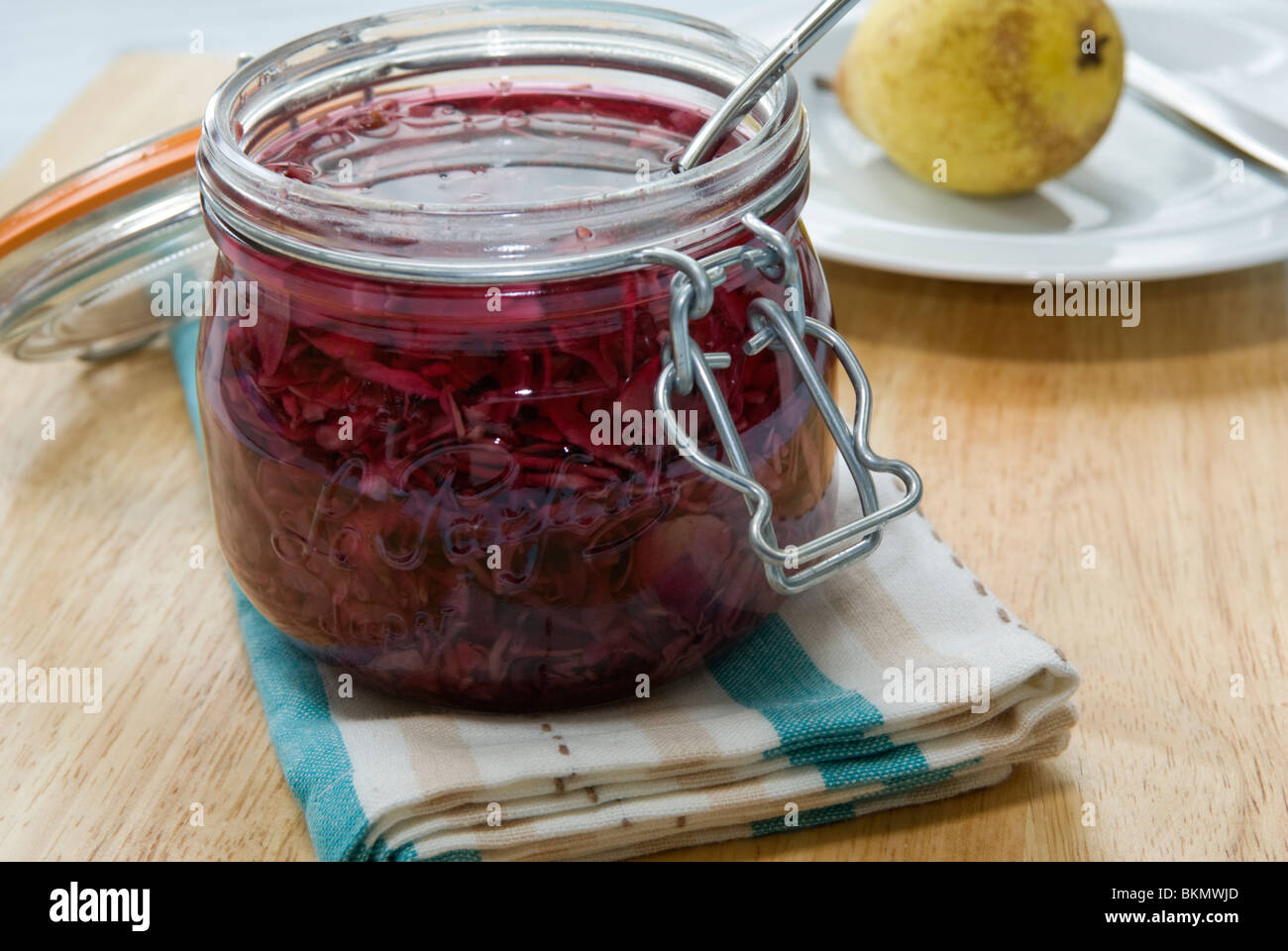 A jar of homemade pickled red cabbage. Stock Photo