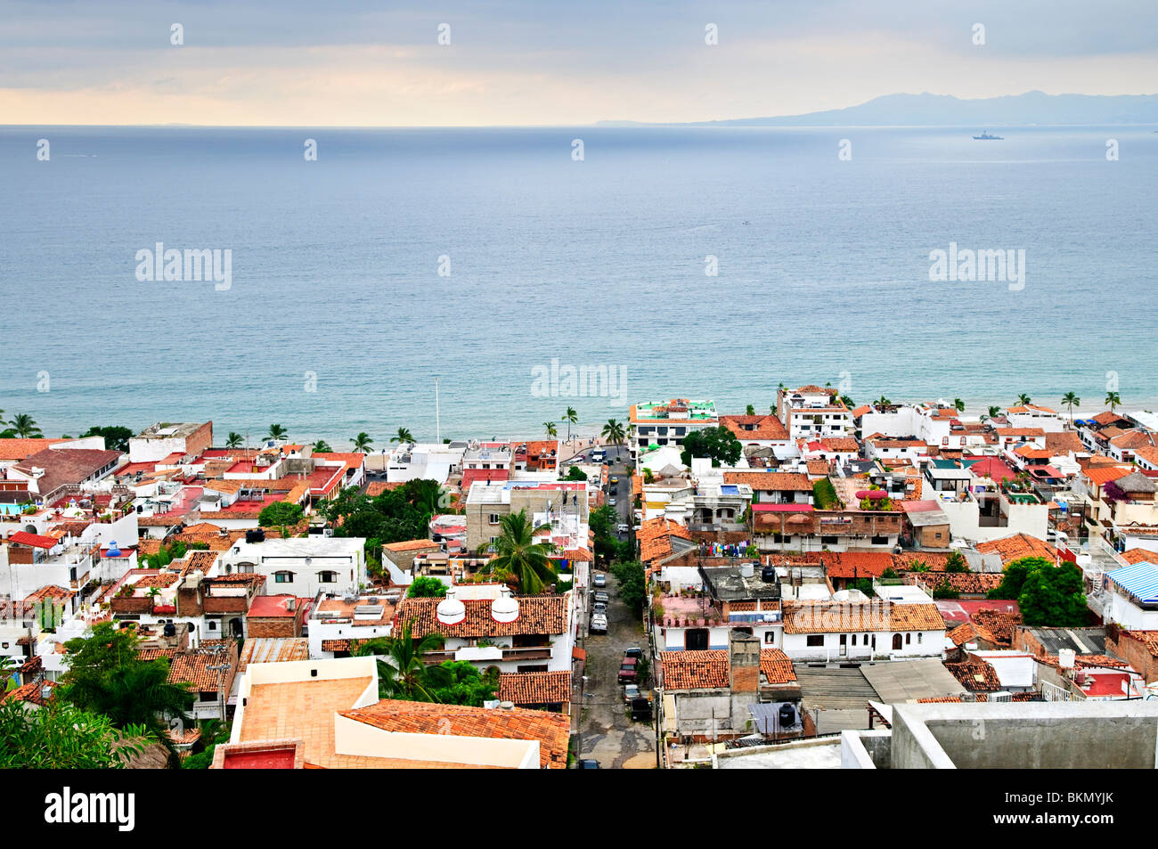 View of rooftops and Pacific ocean in Puerto Vallarta, Mexico Stock Photo