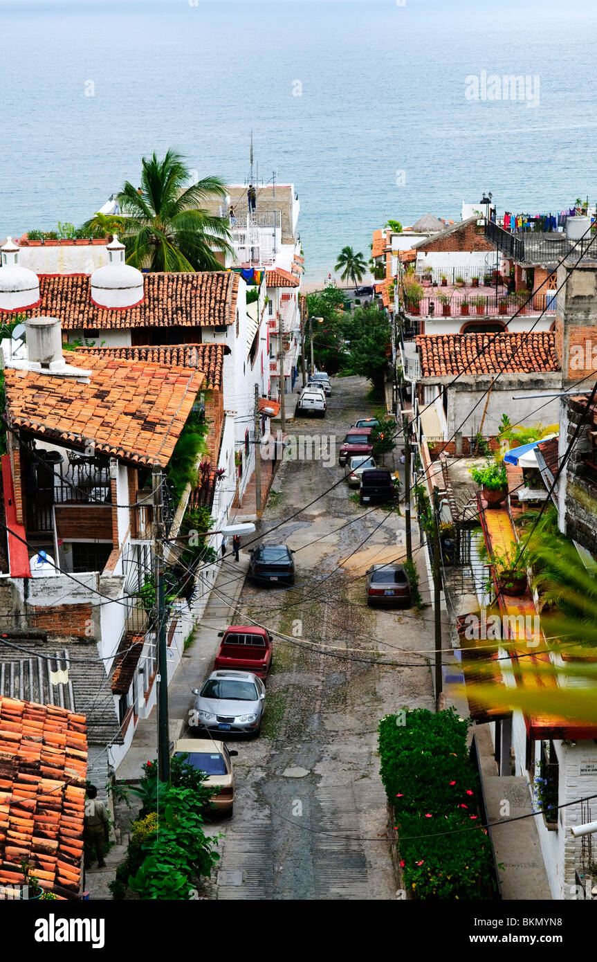 Street leading to Pacific ocean in Puerto Vallarta, Mexico Stock Photo
