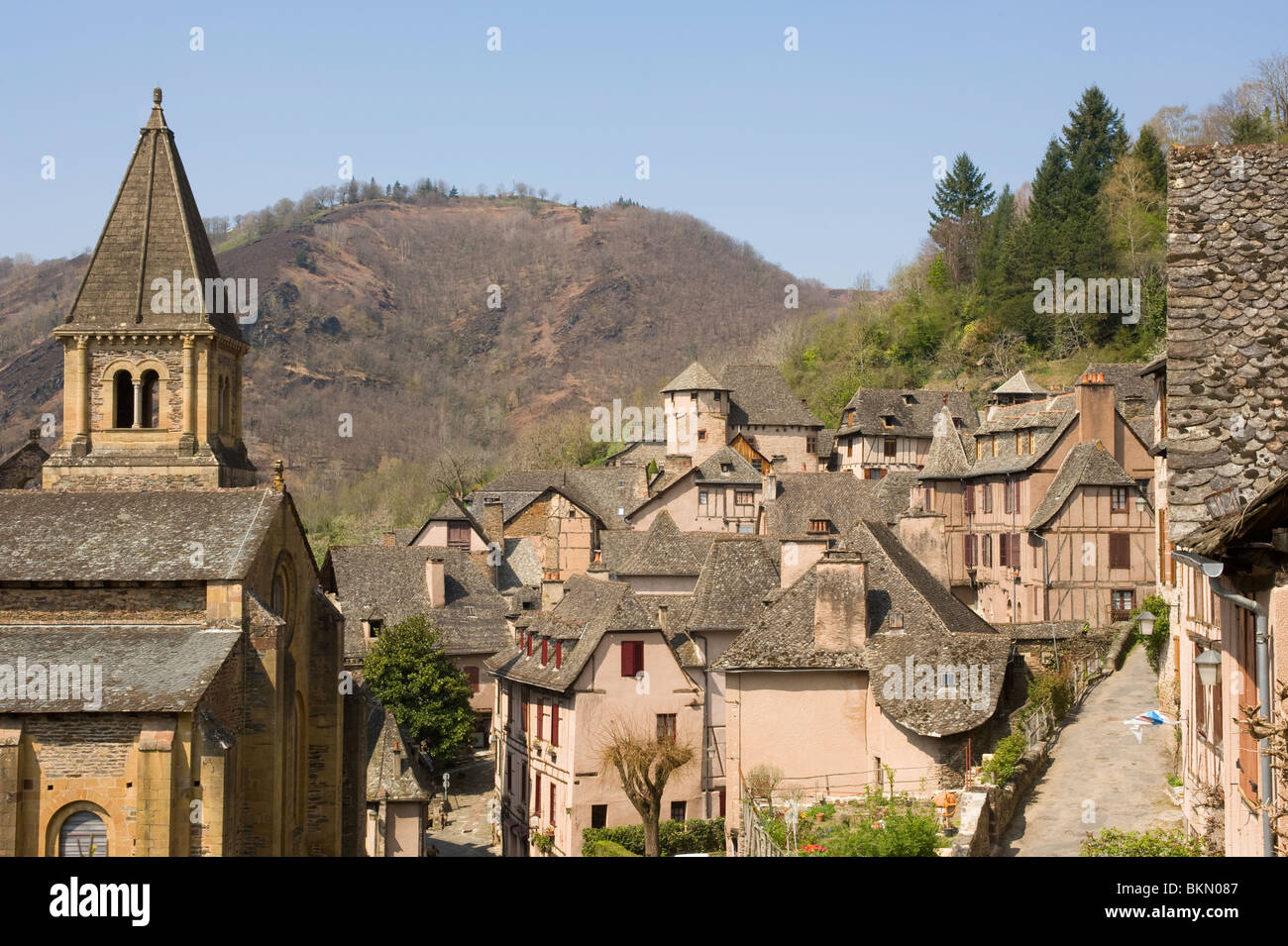 The Church of St Foy with Ancient Romanesque Architecture in the Historic Town of Conques Aveyron Midi-Pyrenees France Stock Photo