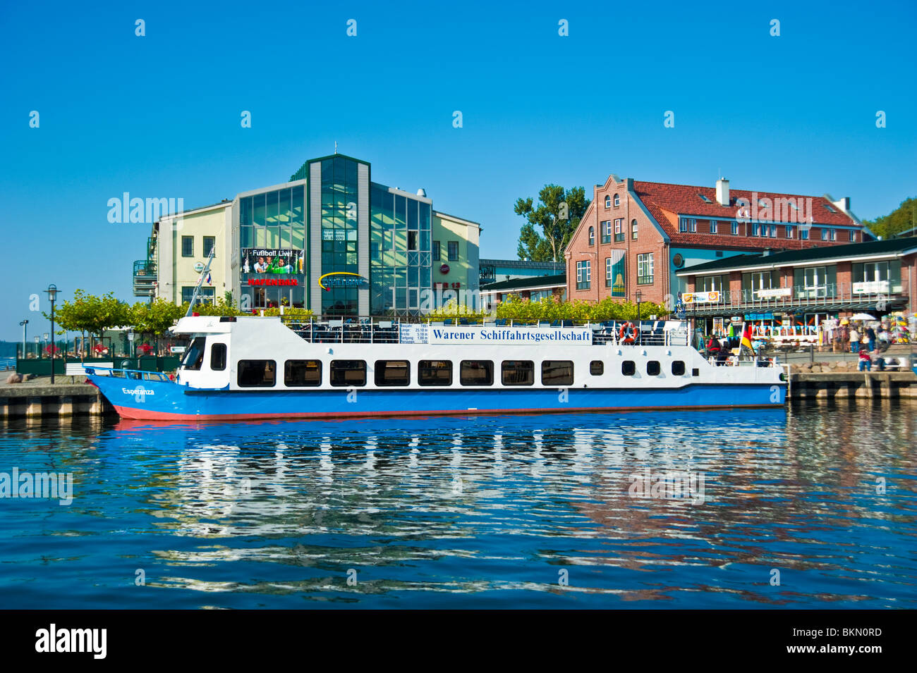 Tourist ship Esperanza, harbor and marina at Waren, Mueritz, Mecklenburg Western-Pomerania, Germany Stock Photo