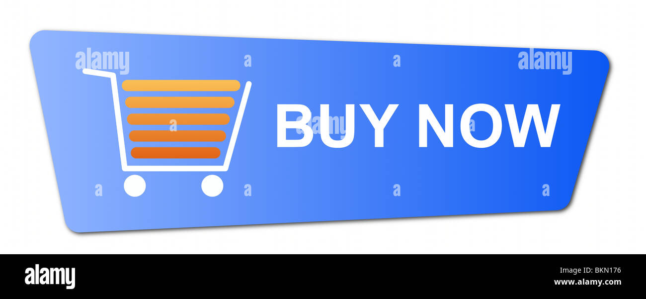 Buy now button with a shopping cart on white background. Stock Photo