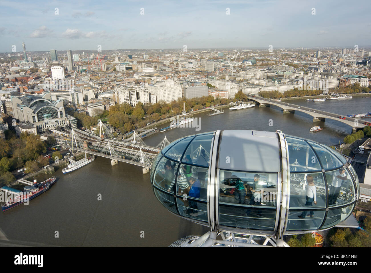 London Eye capsule over the river Thames with the Hungerford Foot