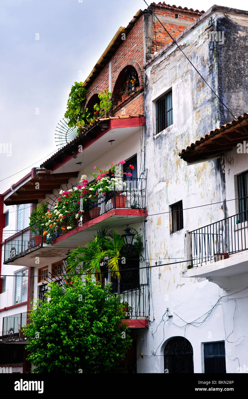 Balconies with flower boxes on old building in Puerto Vallarta, Jalisco, Mexico Stock Photo