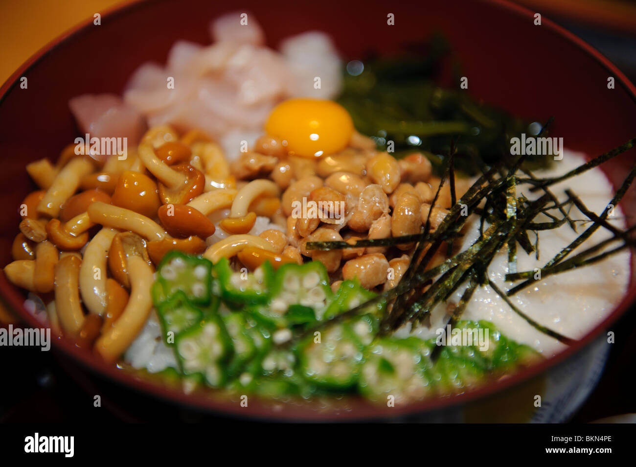 A dish containing natto and various slimy ingredients, Natto restaurant, Mito, Ibaraki Pref, Japan, April 17, 2010. Stock Photo