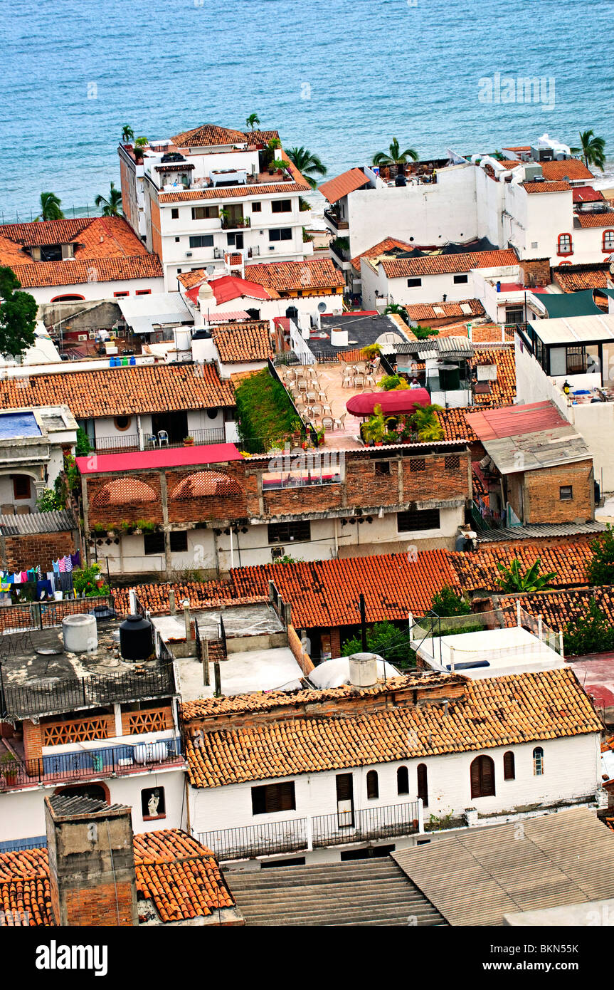 View from above at rooftops in old Puerto Vallarta, Mexico Stock Photo