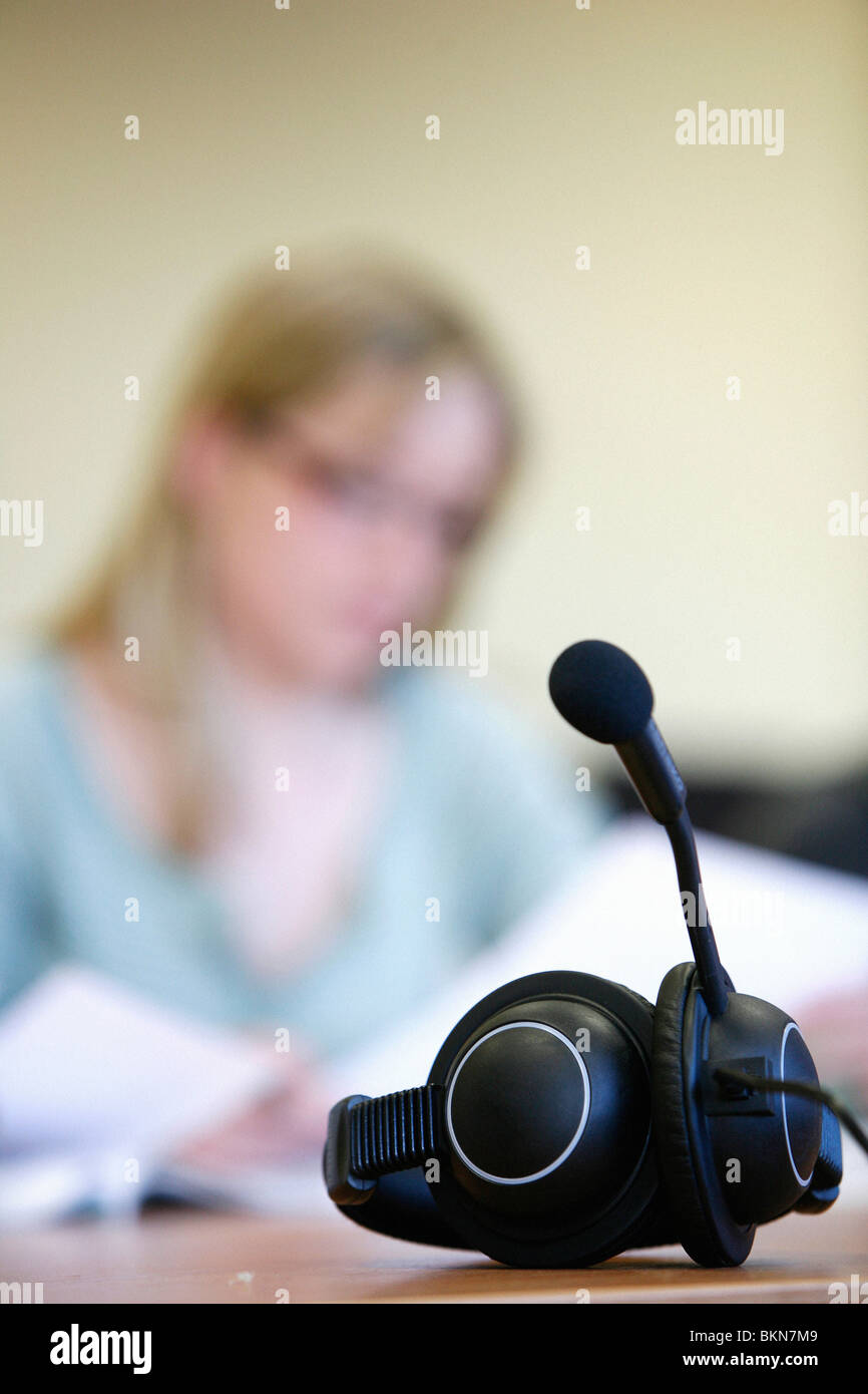 Headphones in a language lab at a university Stock Photo Alamy