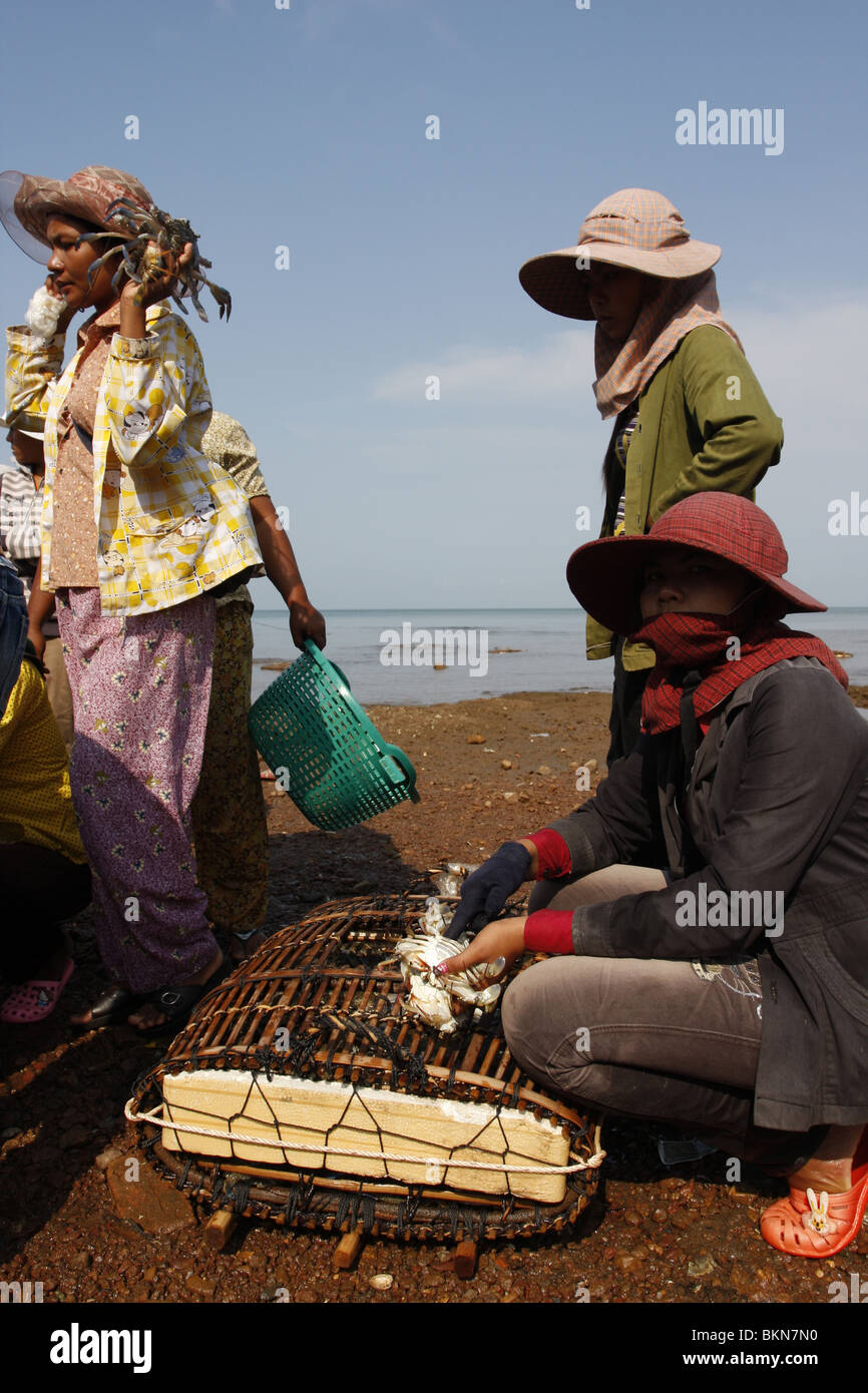 Crab fishing ladies negotiate the price for their catch at the crab market in Kep, Cambodia Stock Photo