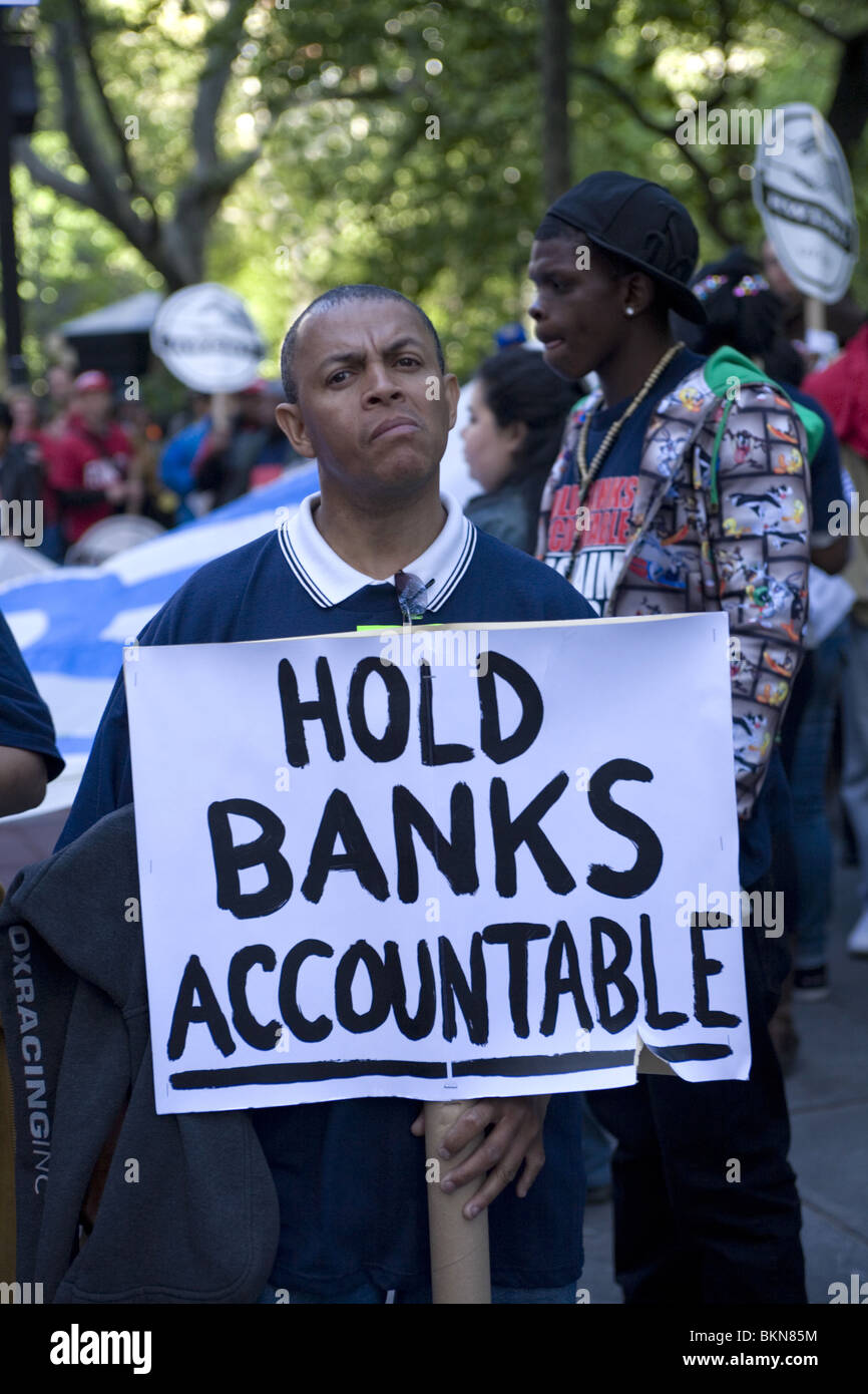 AFL-CIO and other Unions members march to Wall Street along Broadway demanding good jobs and that banks & Wall Street pay their Stock Photo