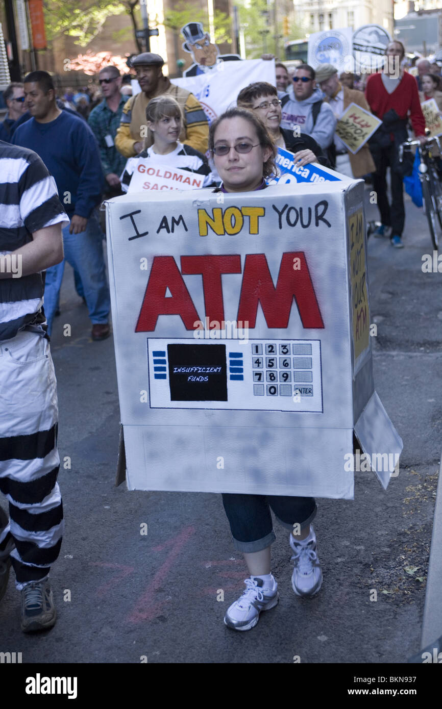 AFL-CIO and other Unions members march to Wall Street along Broadway demanding good jobs and that banks & Wall Street pay their Stock Photo