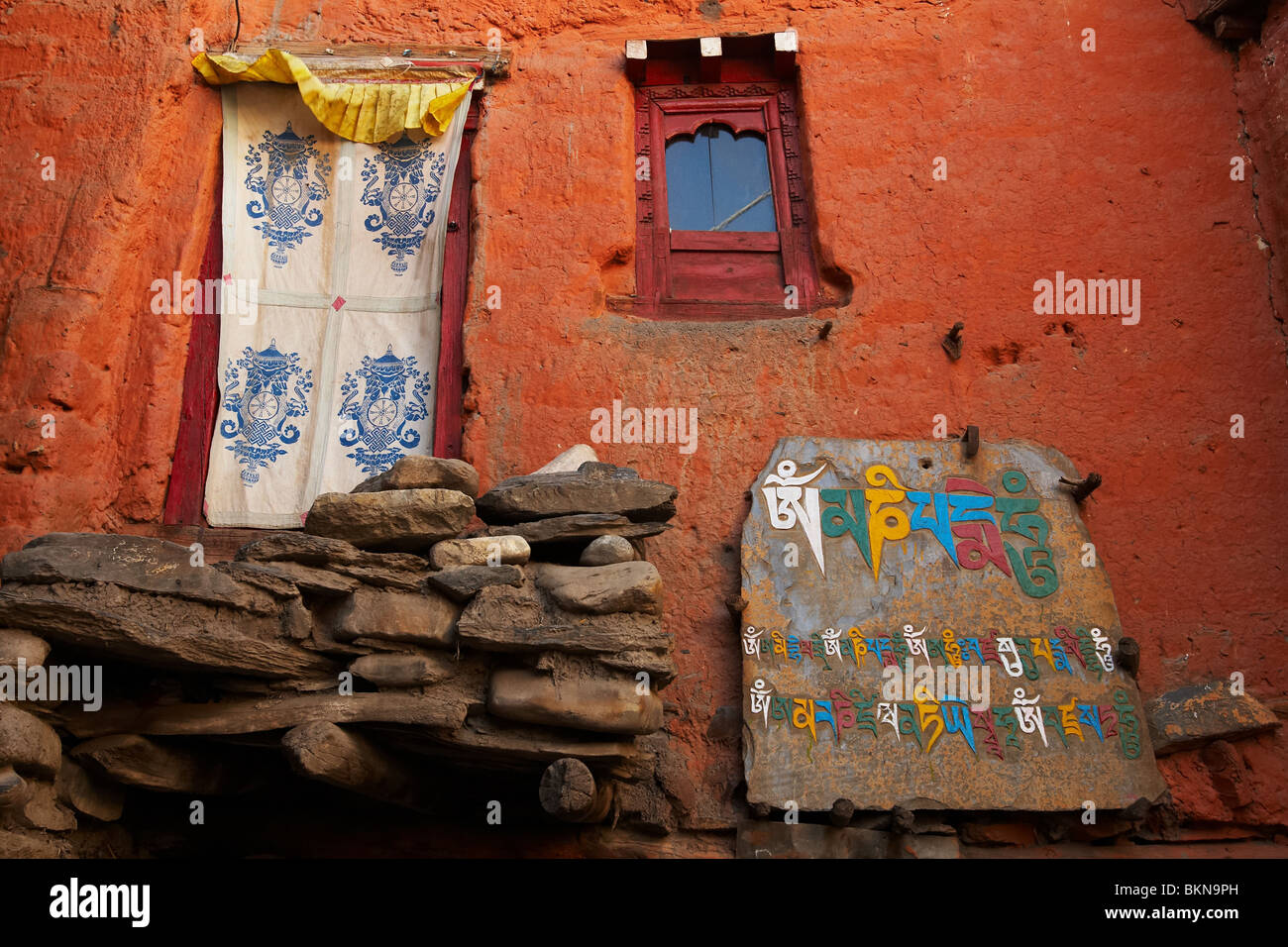 Wall of a home in Kagbeni, Nepal on Saturday October 31, 2009. Stock Photo