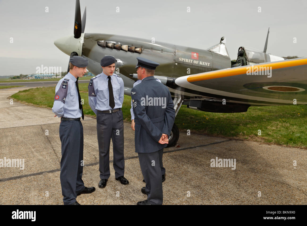 Group of RAF Air Cadets beside a Spitfire. Stock Photo