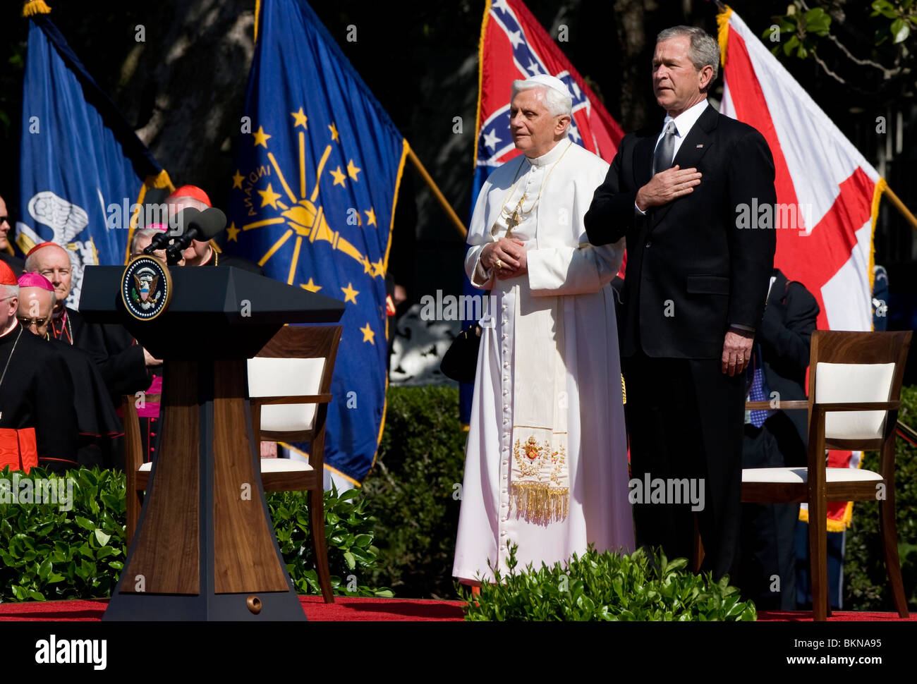 Pope Benedict and President George W. Bush during the Papal visit to the White House. Stock Photo