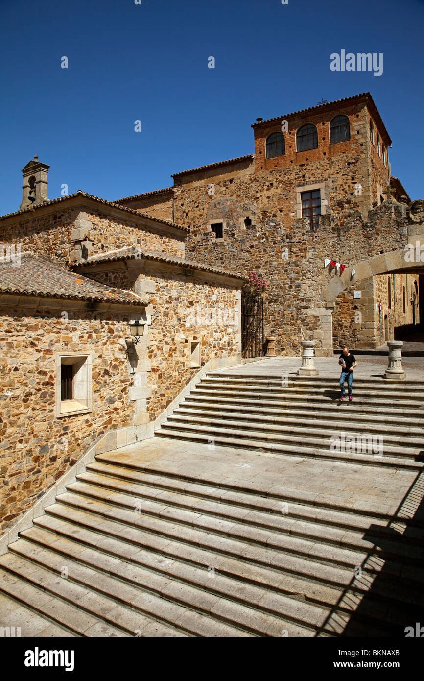Arco de la Estrella Ermita de la Paz and Tower Bujaco in historic center of Cáceres, Extremadura, Spain Stock Photo