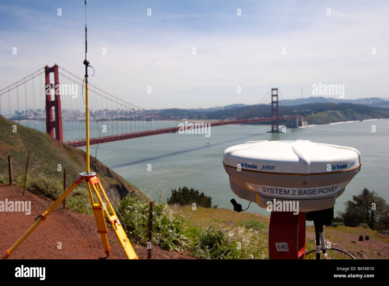 Surveying equipment near the Golden Gate Bridge, presumably for monitoring of the San Andreas Fault. Stock Photo