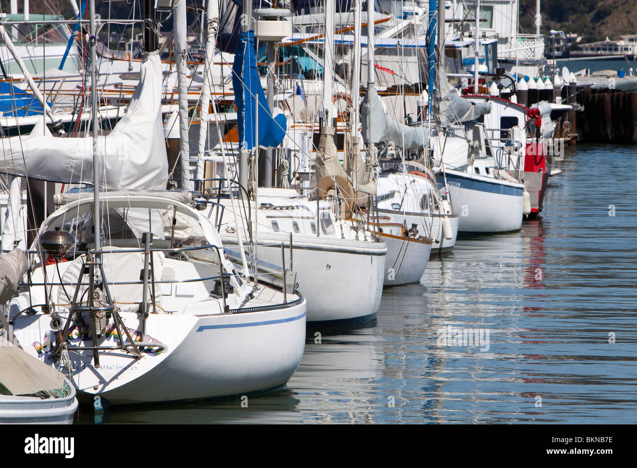 Sailboats docked in Sausalito, California. Stock Photo