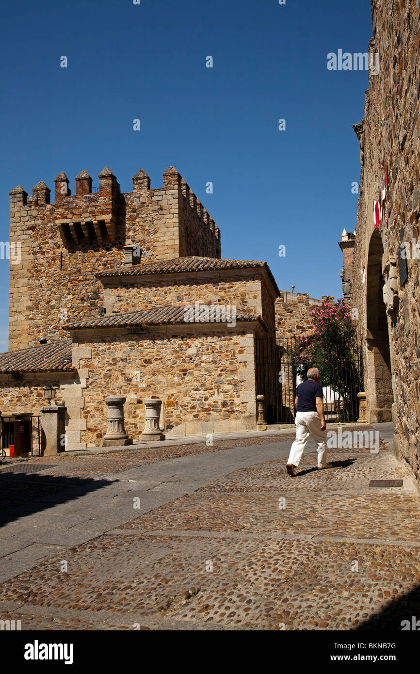 Ermita de la Paz and Tower Bujaco in historic center of Cáceres, Extremadura, Spain Stock Photo