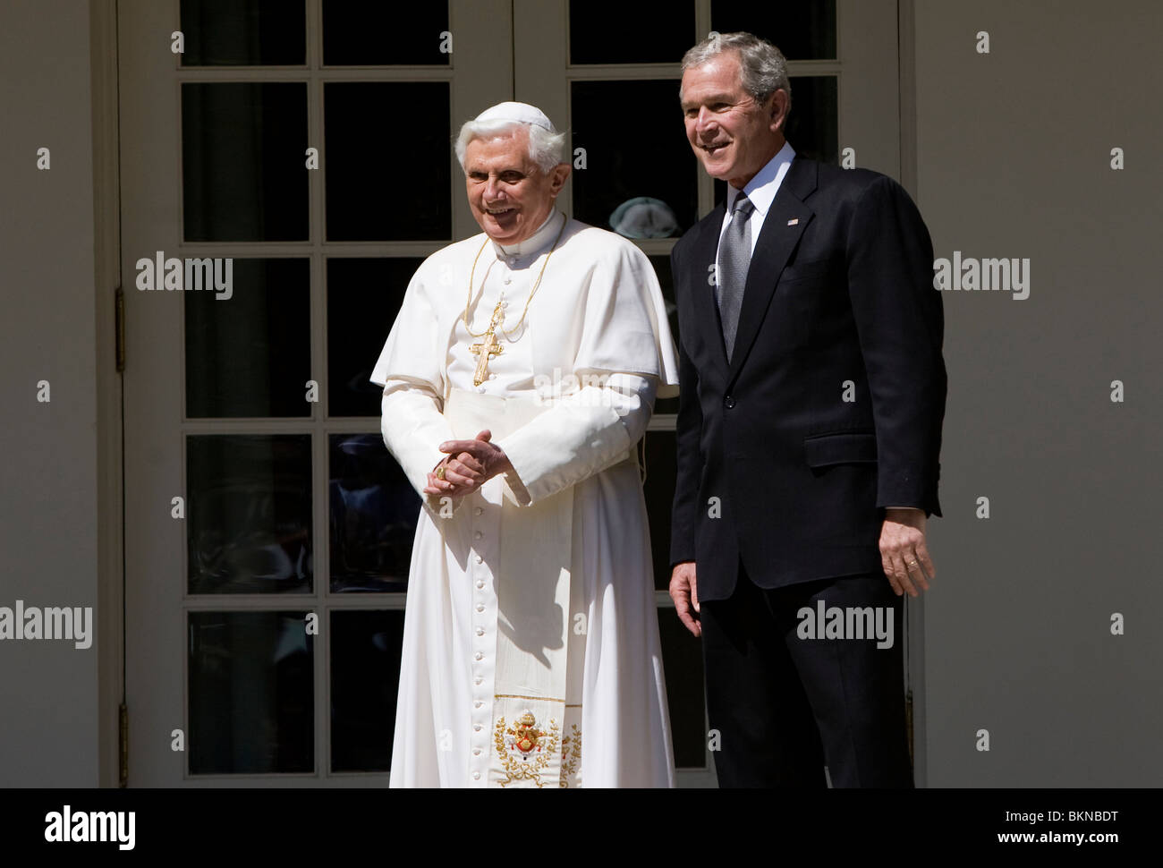 Pope Benedict and President George W. Bush during the Papal visit to the White House. Stock Photo