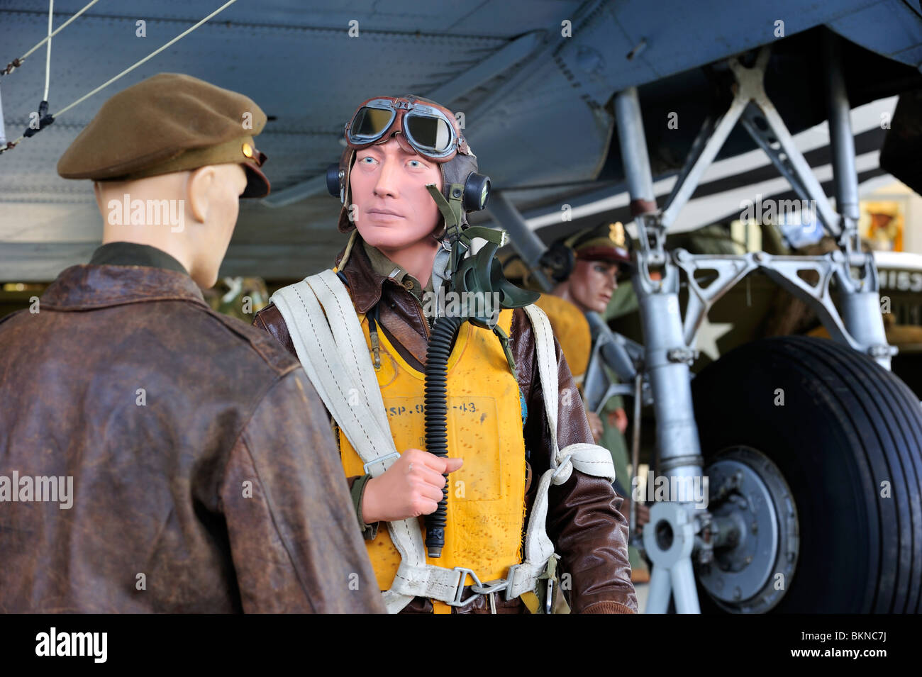 WW2 uniform of American fighter pilot wearing life preserver vest in ...