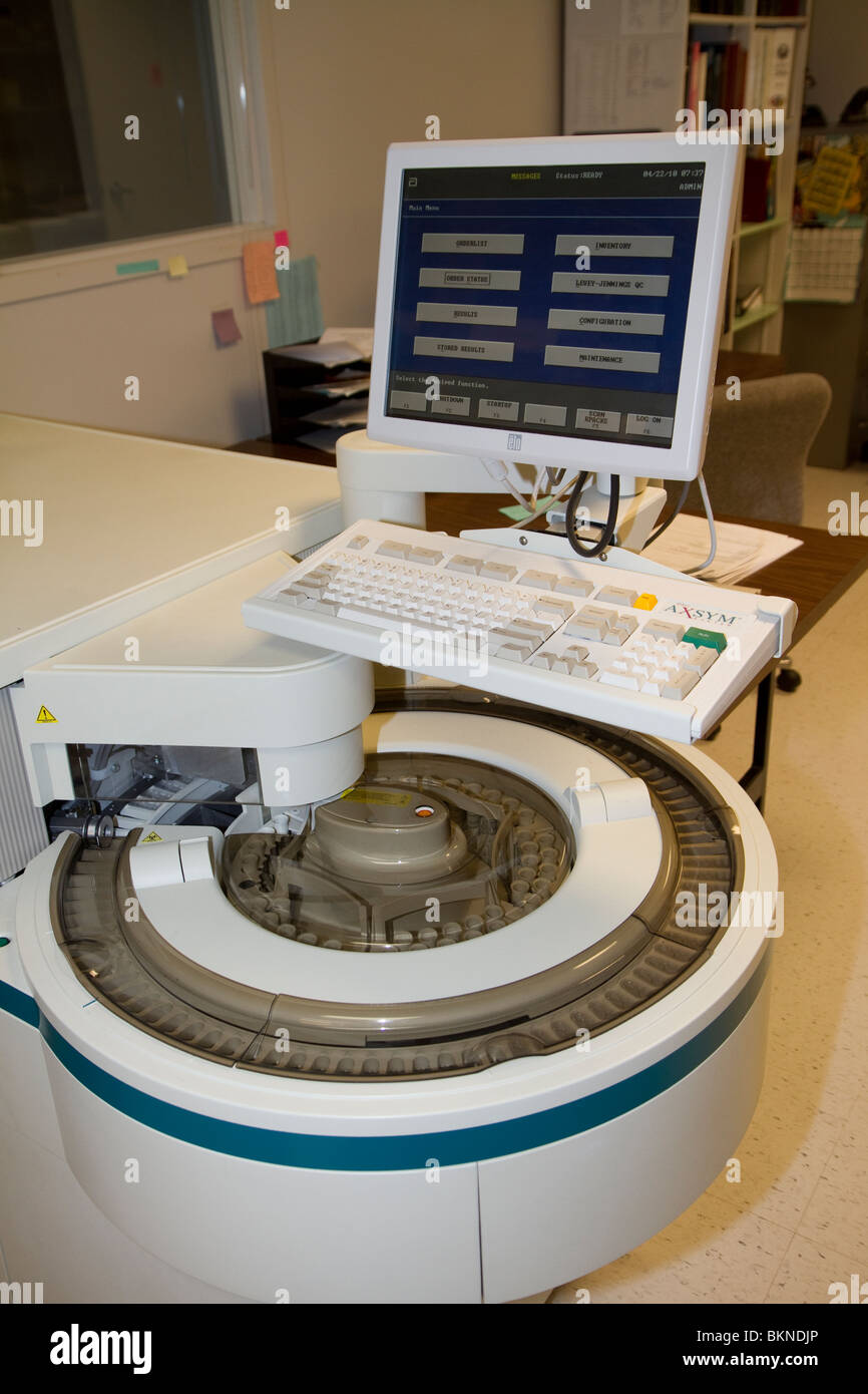 Abbott AxSym, an immunoassay system that is used for serology testing in the Nebraska State Patrol Crime Lab. Stock Photo
