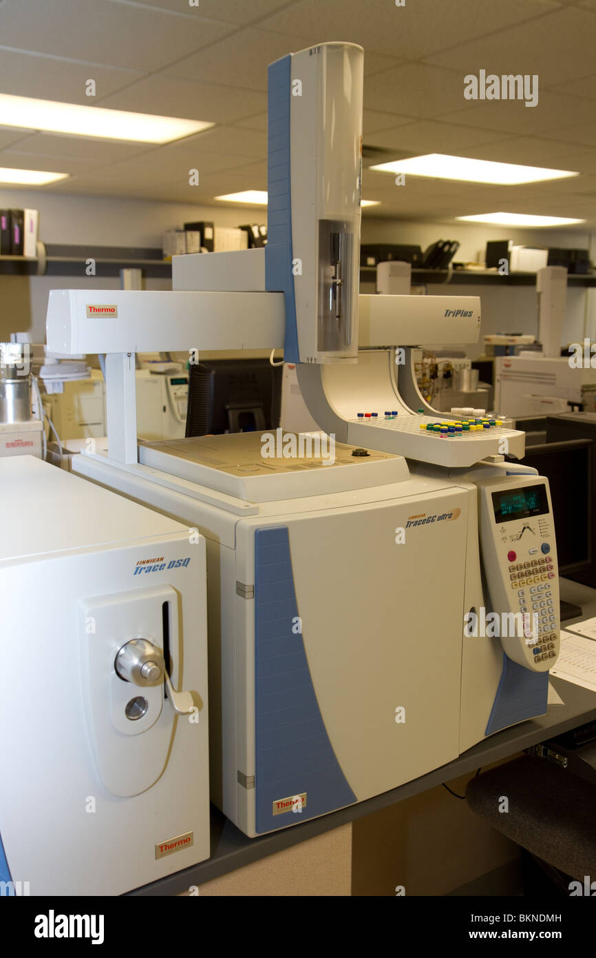 Gas chromatograph machines used to test various samples of forensic evidence. Nebraska State patrol Crime Lab. Stock Photo