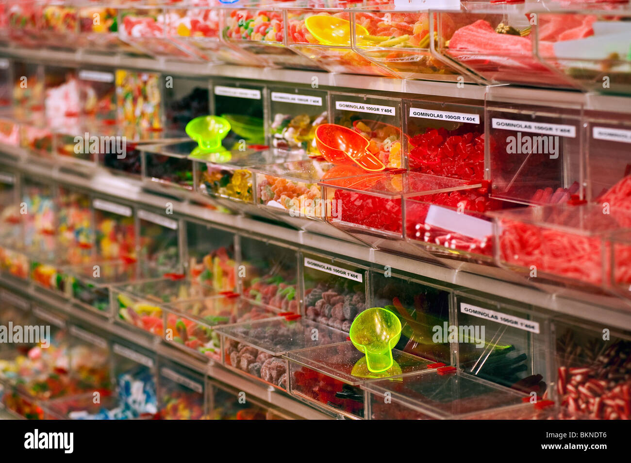 Bins of candy in a store, Madrid, Spain Stock Photo