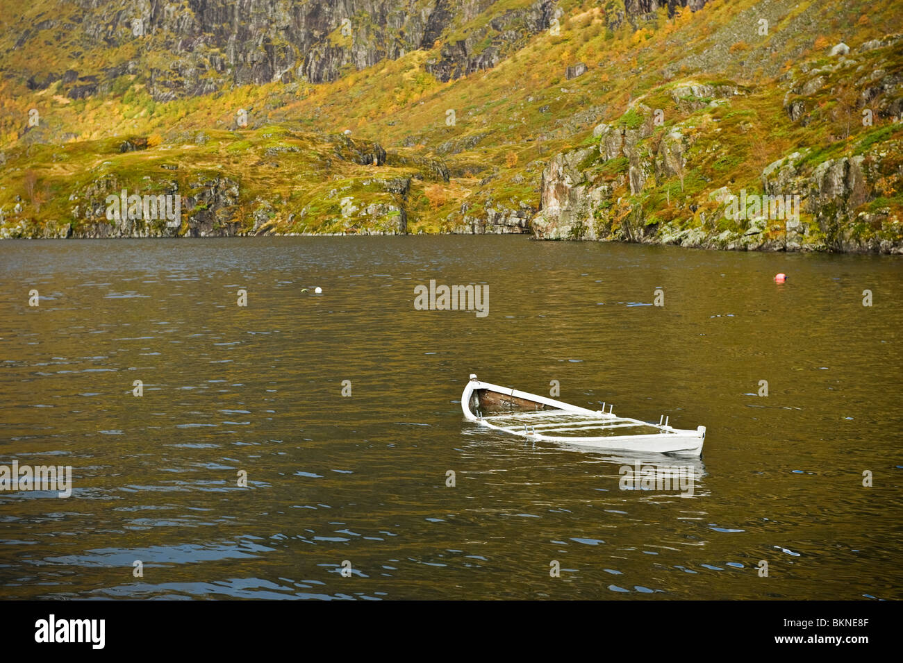 Autumn color and flooded boat in lake Ågvatnet, Å I Lofoten, Moskenesøy, Lofoten islands, Norway Stock Photo