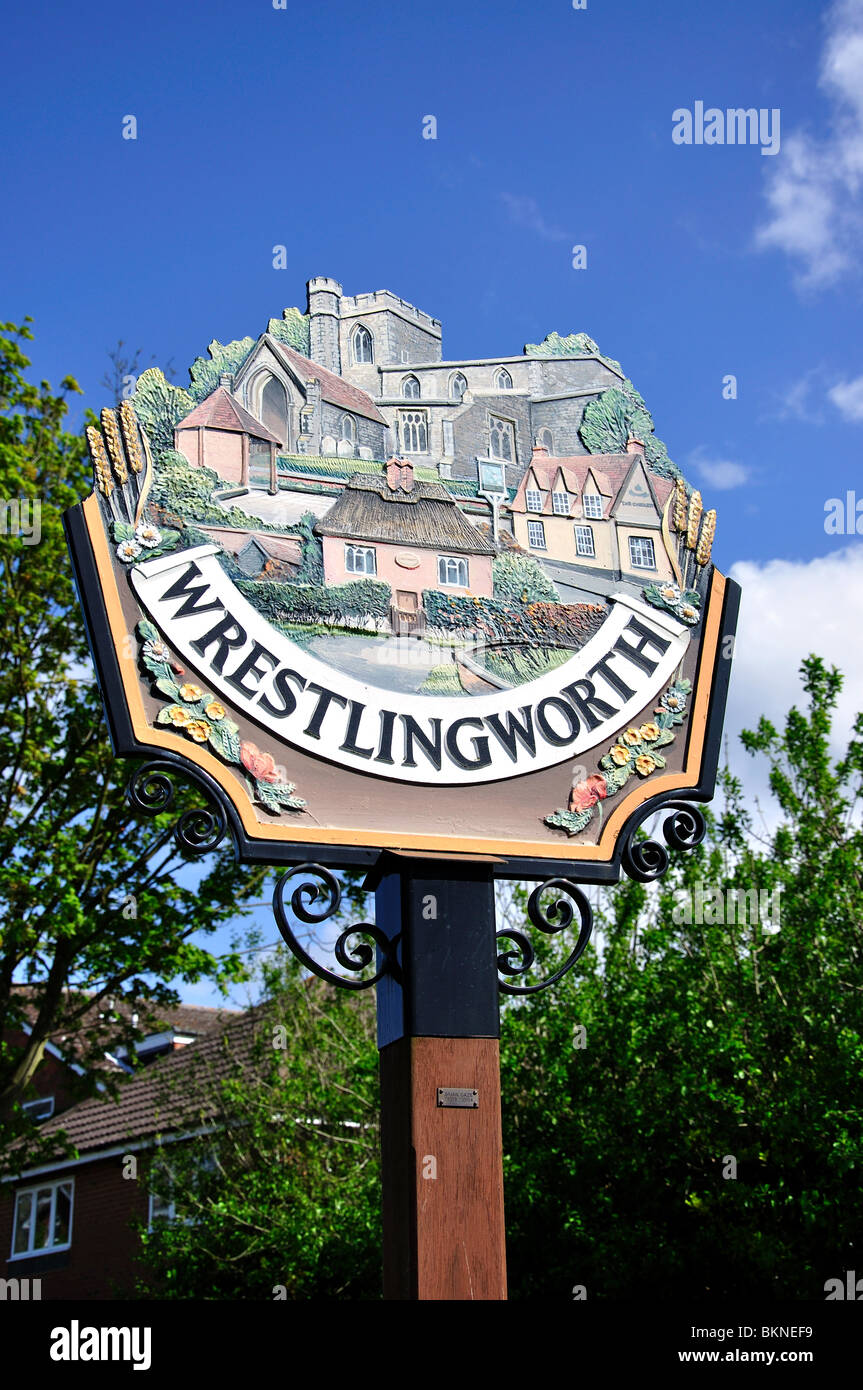 Village sign, Wrestlingworth, Bedfordshire, England, United Kingdom Stock Photo