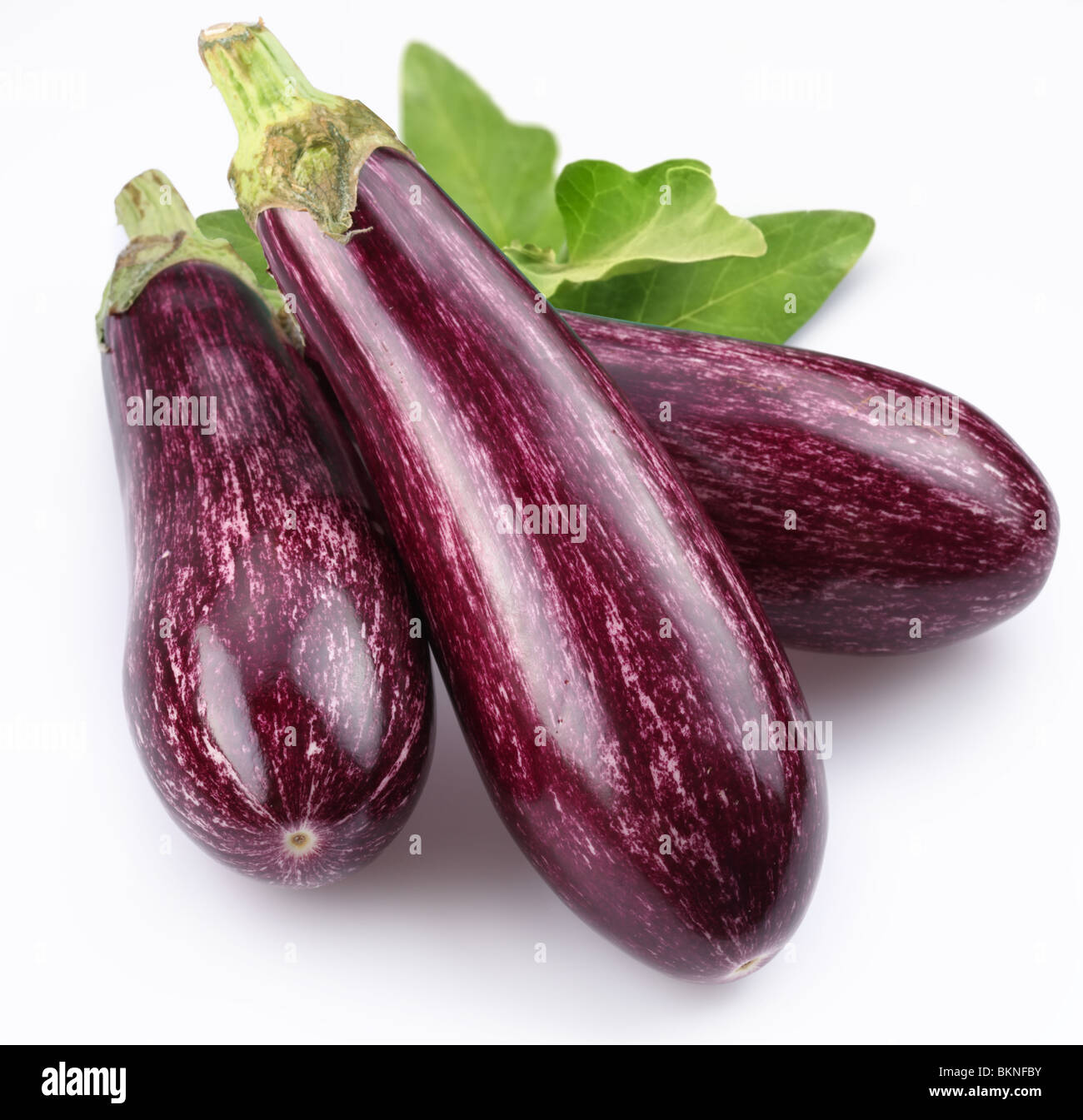 Purple eggplants with leaves on white background Stock Photo Alamy