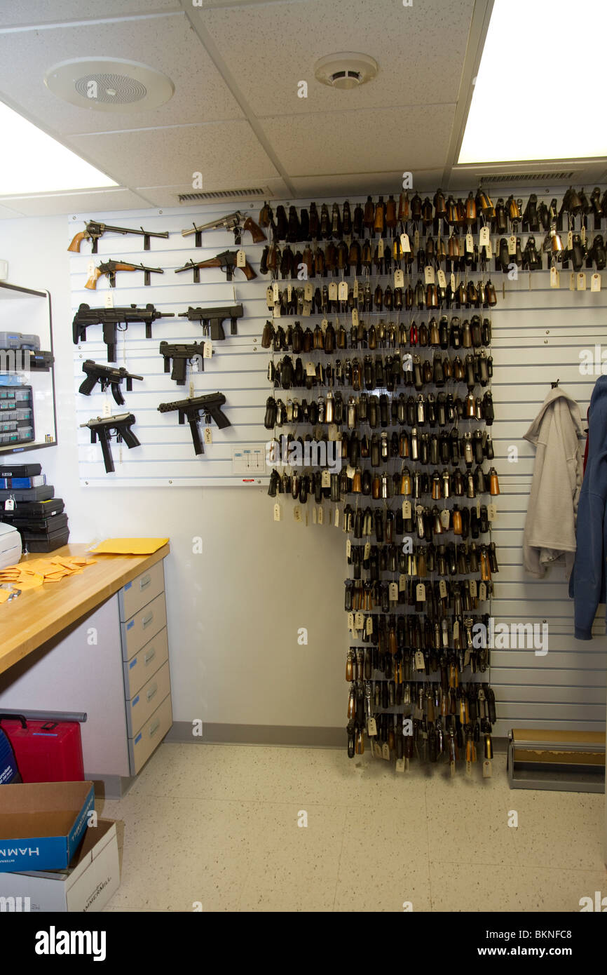 Gun reference wall at ballistics unit of a forensic crime lab. Nebraska