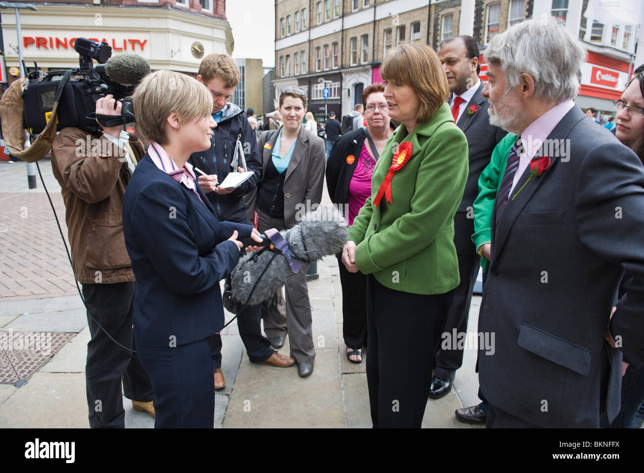 Harriet Harman MP interviewed by the tv news crew while campaigning for Labour Party in Newport West constituency South Wales UK Stock Photo