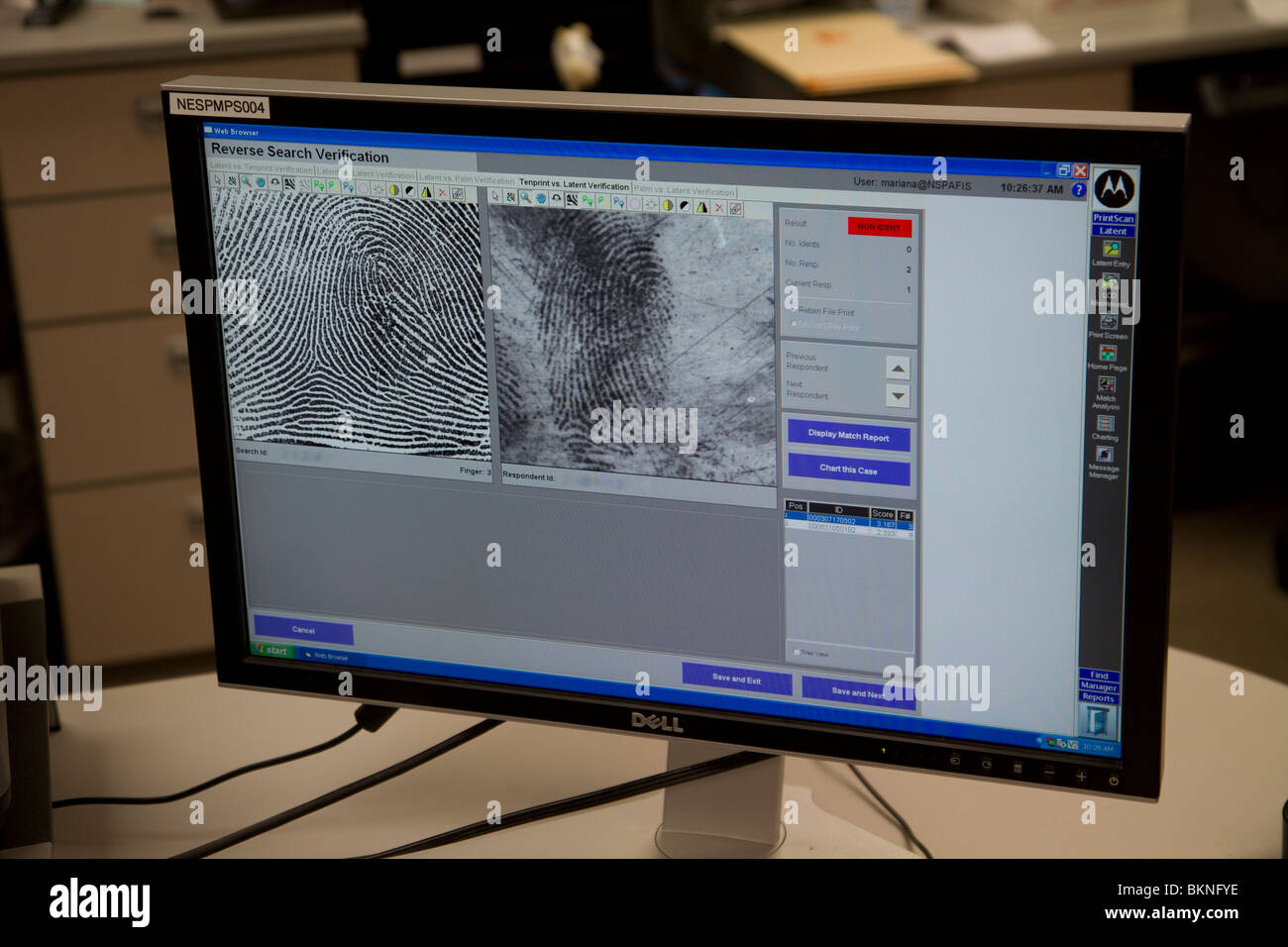 Screen showing AFIS search and match of fingerprint. AFIS is Automated Fingerprint Identification System. State Patrol Crime Lab Stock Photo