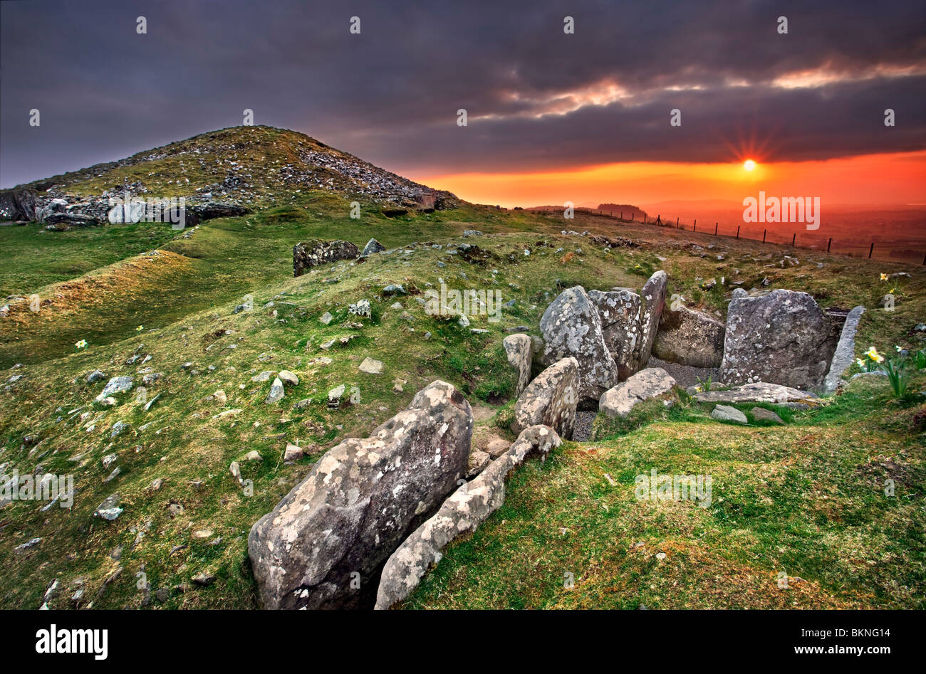 Loughcrew Cairn T in background with cairn U in foreground. Captured at Dusk. Co Meath, Ireland. Stock Photo