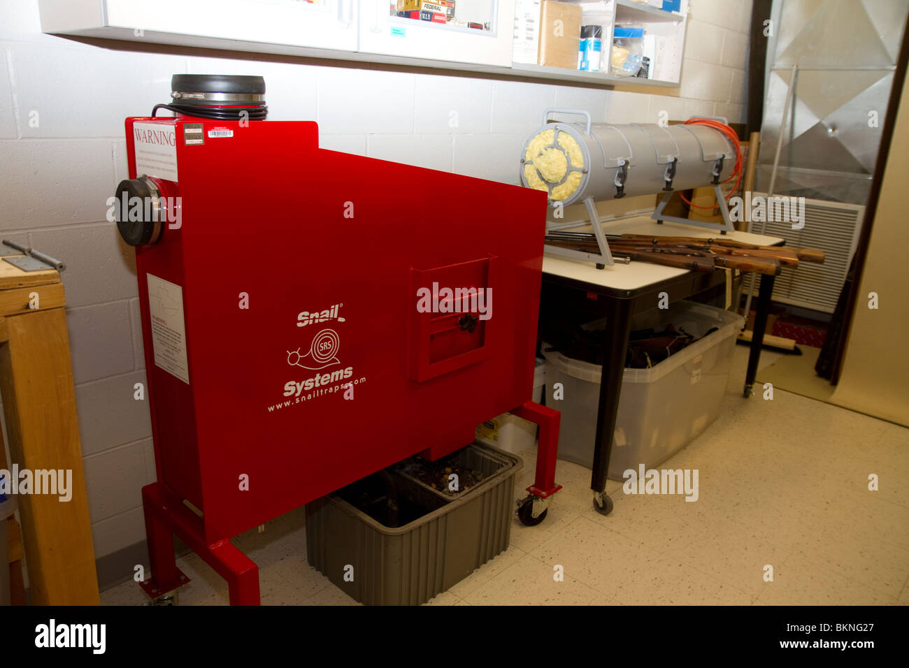 Snail style bullet trap in ballistics section of forensics lab