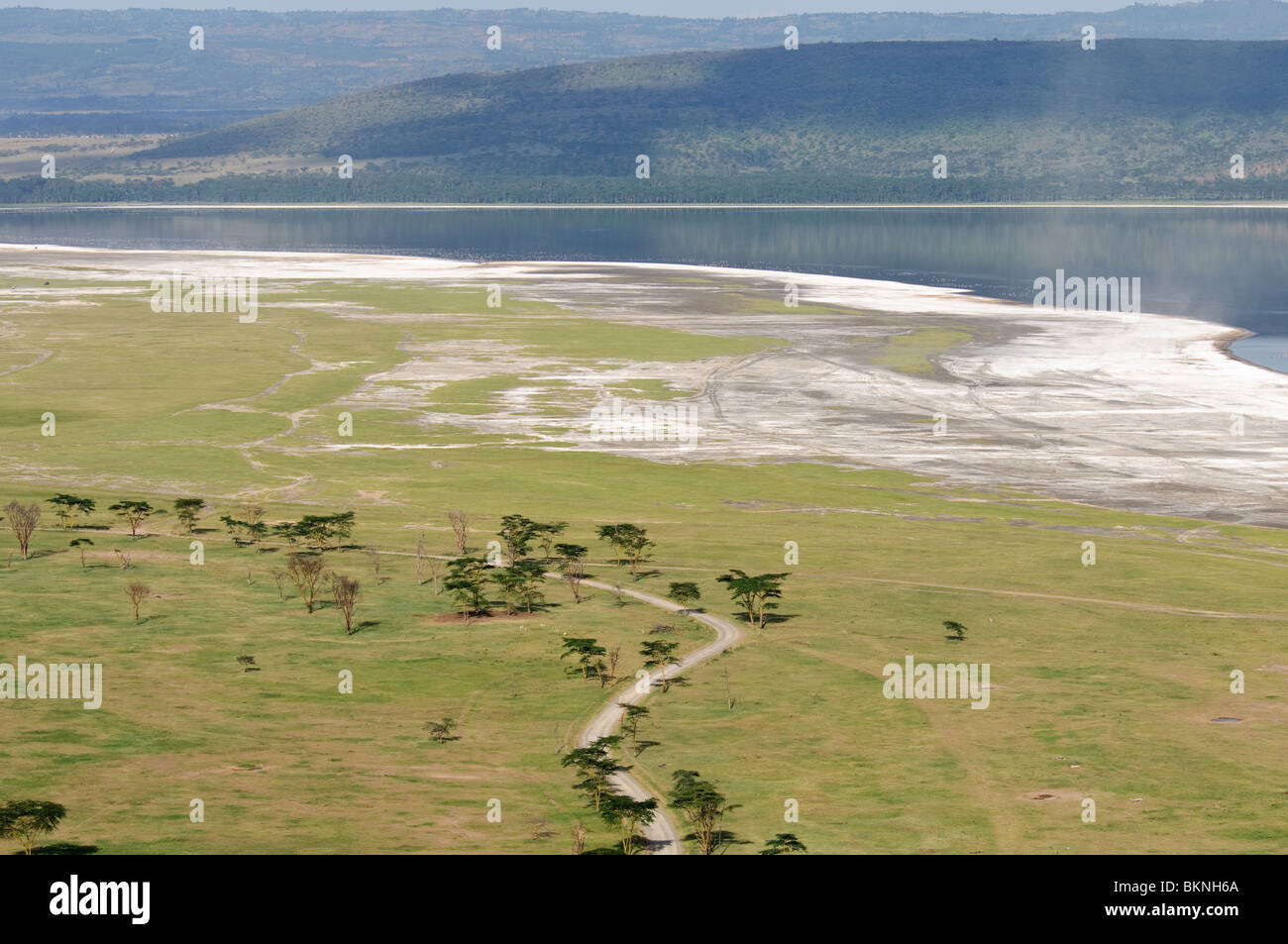 Lake Nakuru landscape with road crossing savannah Stock Photo