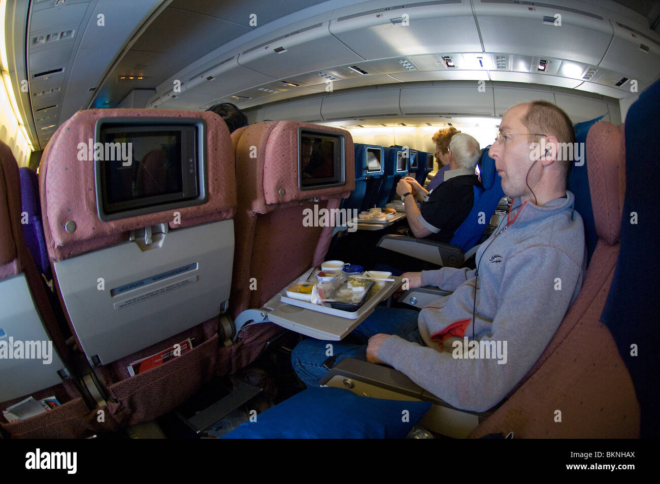 Interior of Boeing B747-400P aircraft, Malaysian Airlines Stock Photo