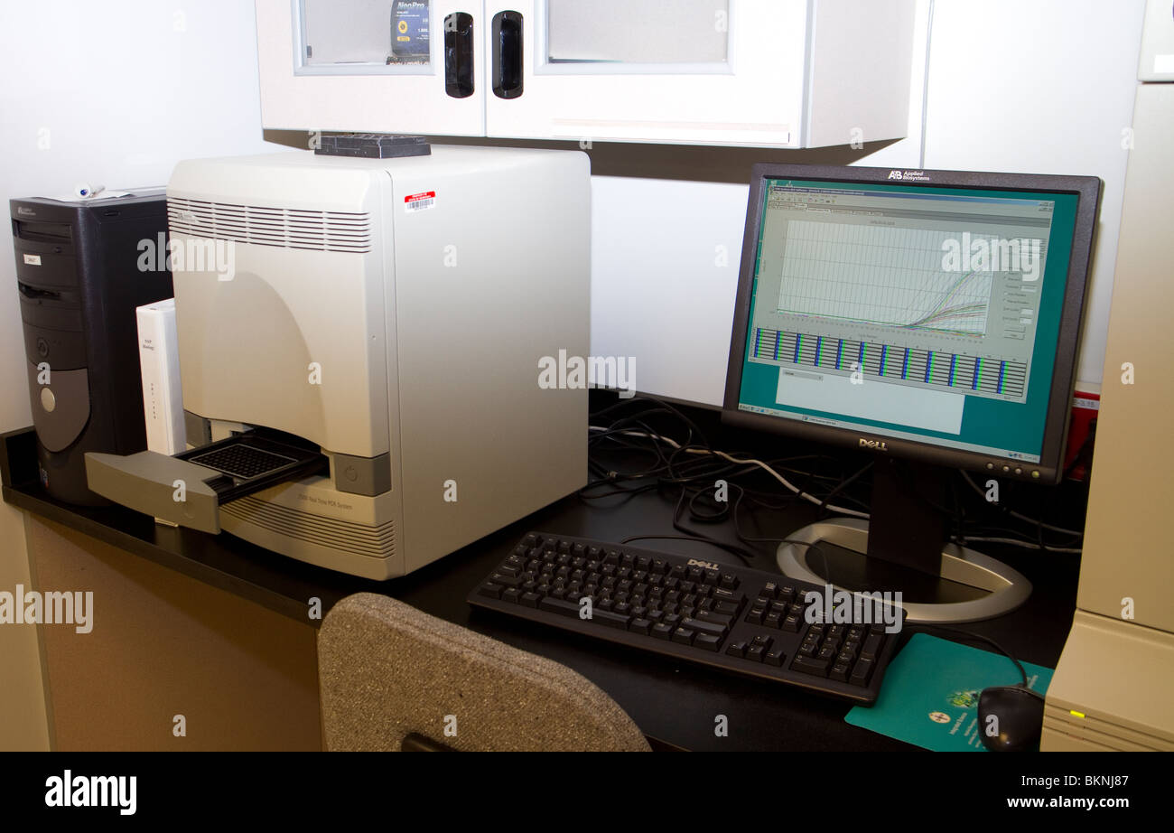 Robot in DNA forensics lab. These machines can run samples through automatically. Nebraska State Patrol Crime Lab. Stock Photo