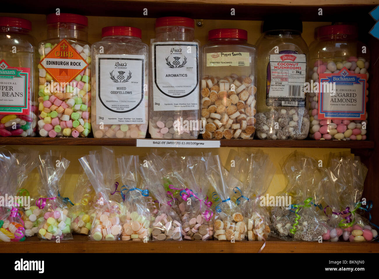 Old Fashioned Sweet Shop, Boiled sweets & Jars with packets of confectionery, Arbroath, Scotland, UK Stock Photo