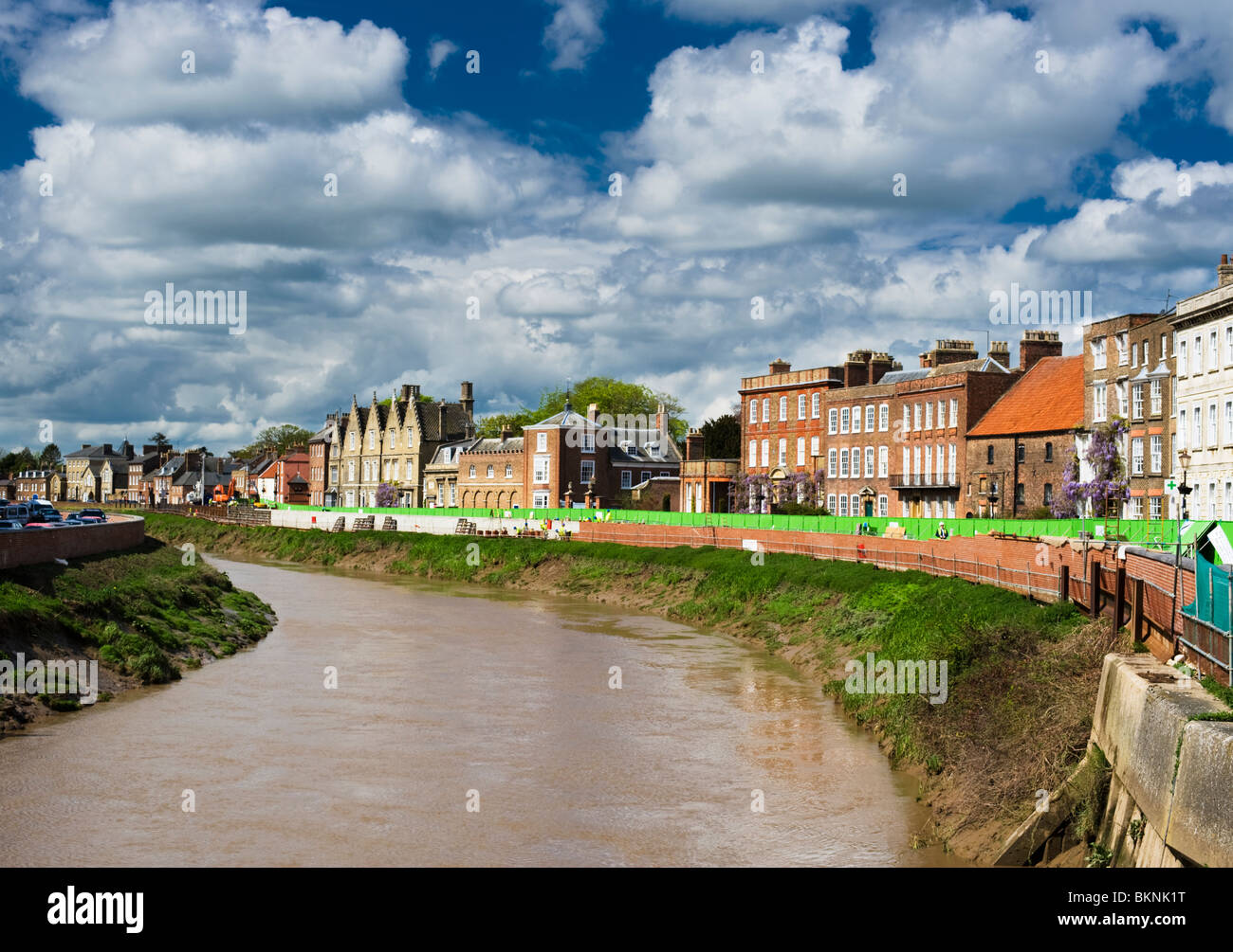 The River Nene at Wisbech, north Cambridgeshire, with flood defence works being undertaken, along the North Brink Stock Photo