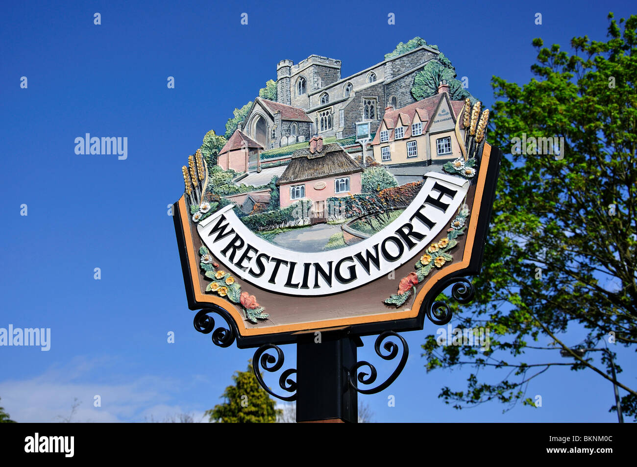 Village sign, Wrestlingworth, Bedfordshire, England, United Kingdom Stock Photo
