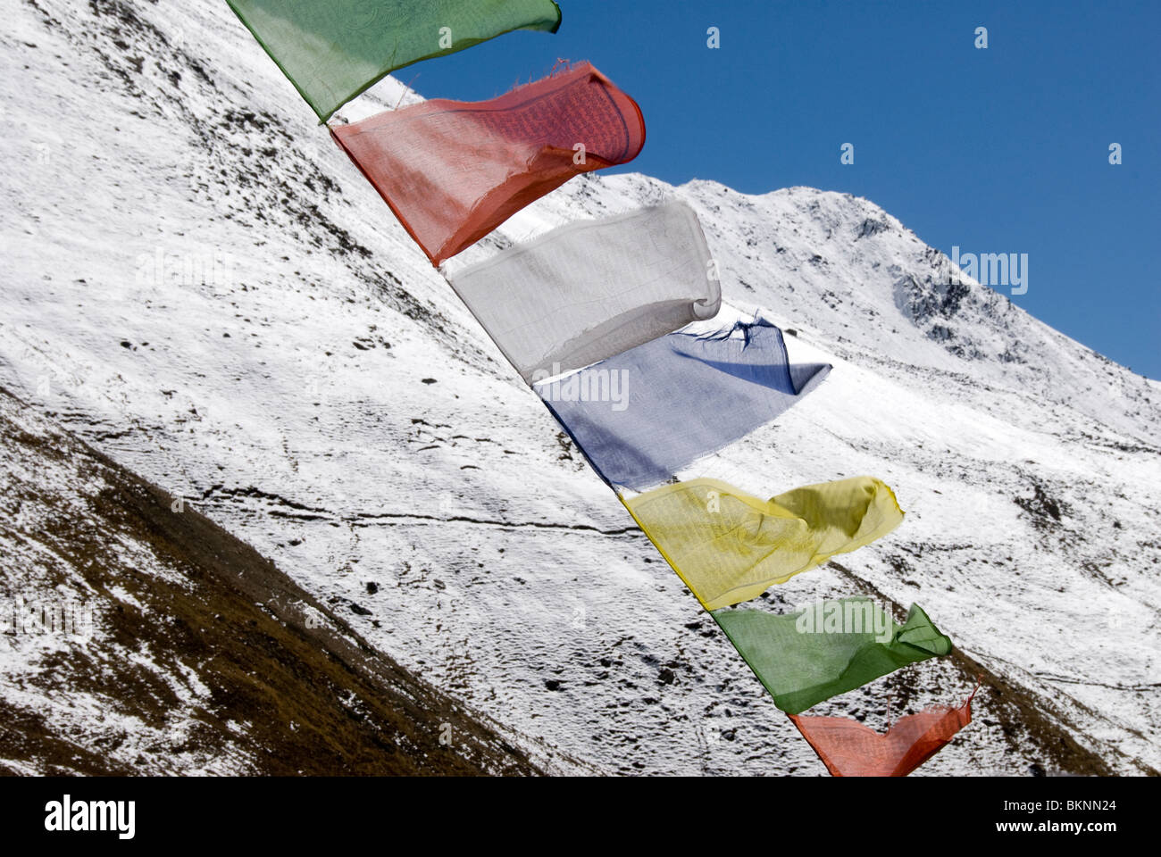 Prayer Flags and snow clad mountains, Thorung Phedi, Annapurna Circuit, Nepal Stock Photo